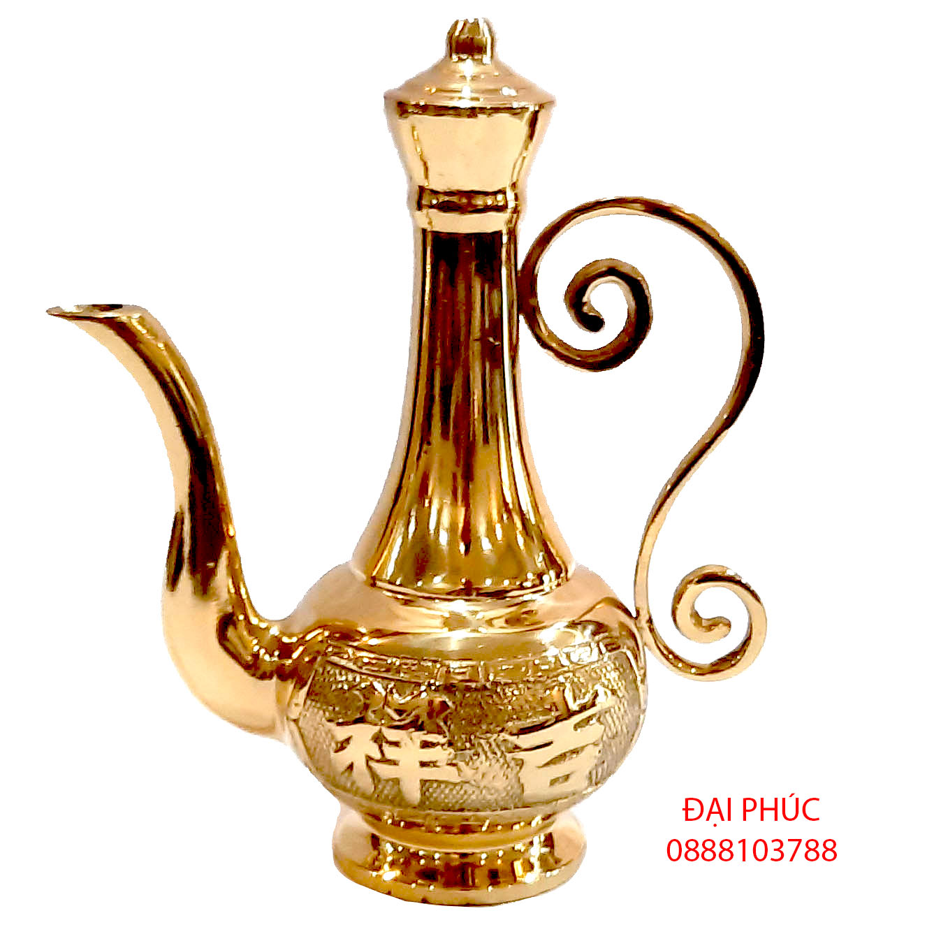 Bình rượu bằng đồng cao màu vàng sáng bóng (Ấm rượu cỡ từ 16-18-20cm) - Đồ thờ cúng Đại Phúc