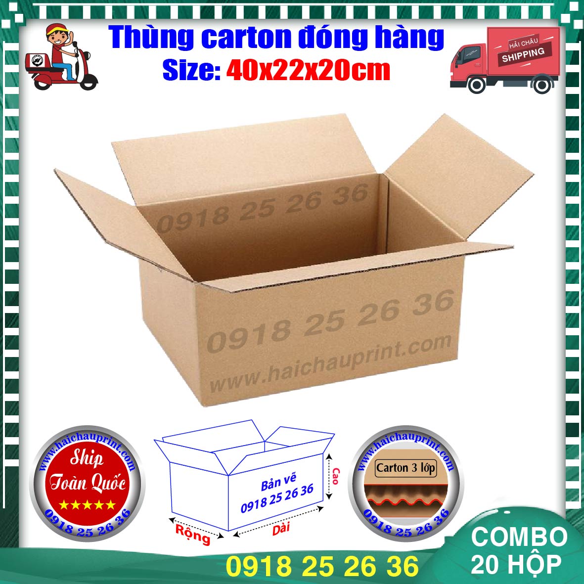 20 Thùng Carton HC0096 - 40x22x20cm Hộp Carton Đóng Hàng [Hải Châu] Carton 3 Lớp Cứng Cáp, Tiết Kiệm Thời Gian, Nâng Cao Giá Trị Sản Phẩm...