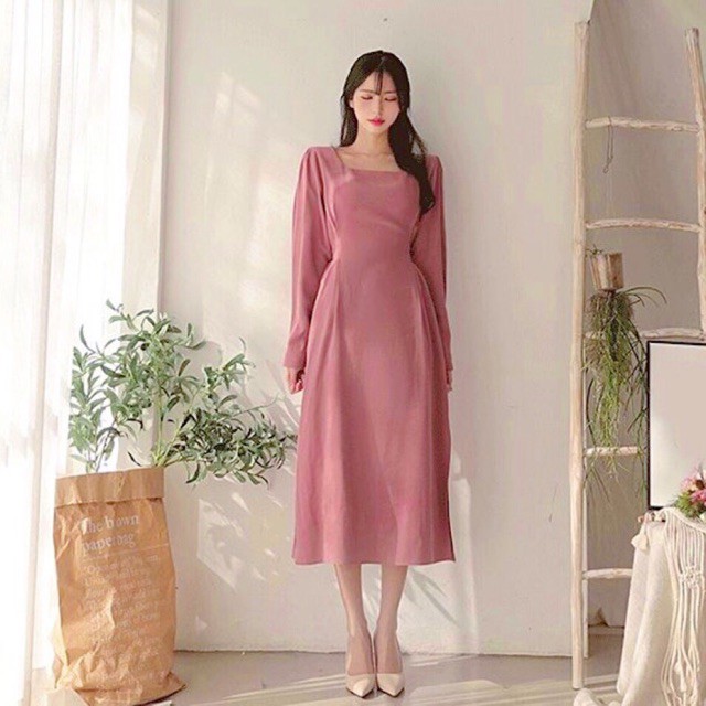 Đầm hồng ruốc tay dài