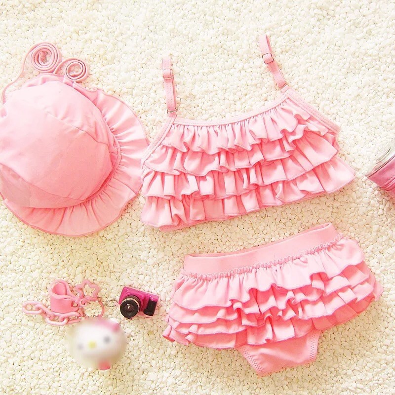 Đồ bơi bikini ba mảnh bánh bèo màu hồng siêu dễ thương