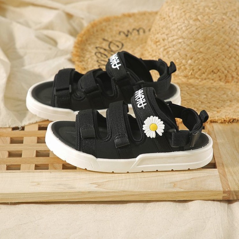 (2 MÀU) Sandal nữ thời trang Ulzzang quai vải chữ ký hoa cúc 2 màu Đen Kem trẻ trung giá rẻ