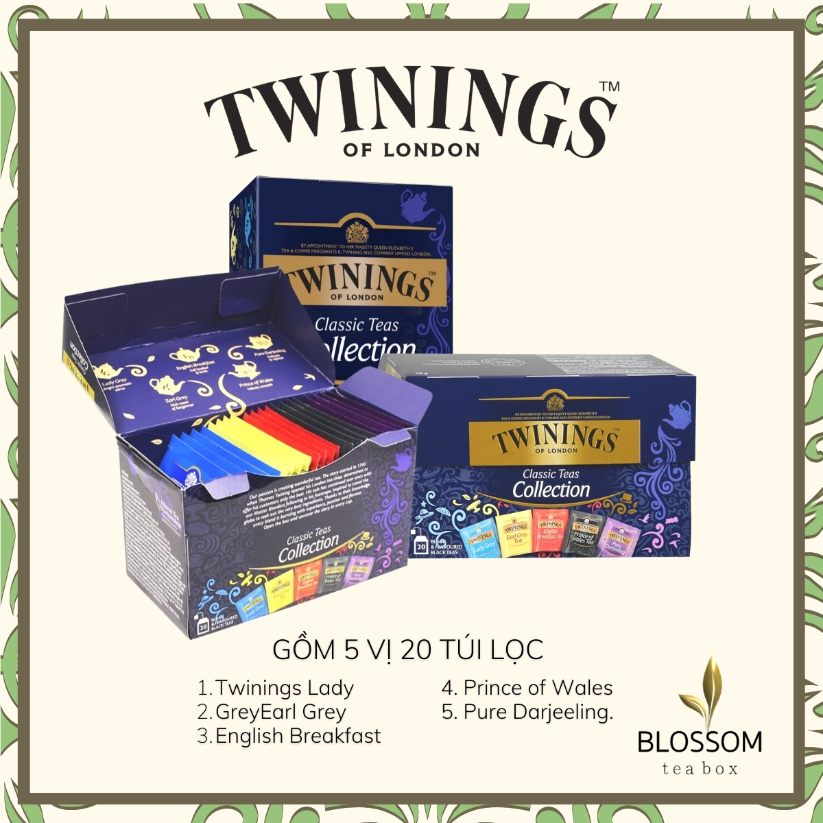 Trà Twinings Classic Teas Collection 20 gói 5 vị Lady Grey, Earl Grey, English Breakfast,Prince of Wales,Pure Darjeelin