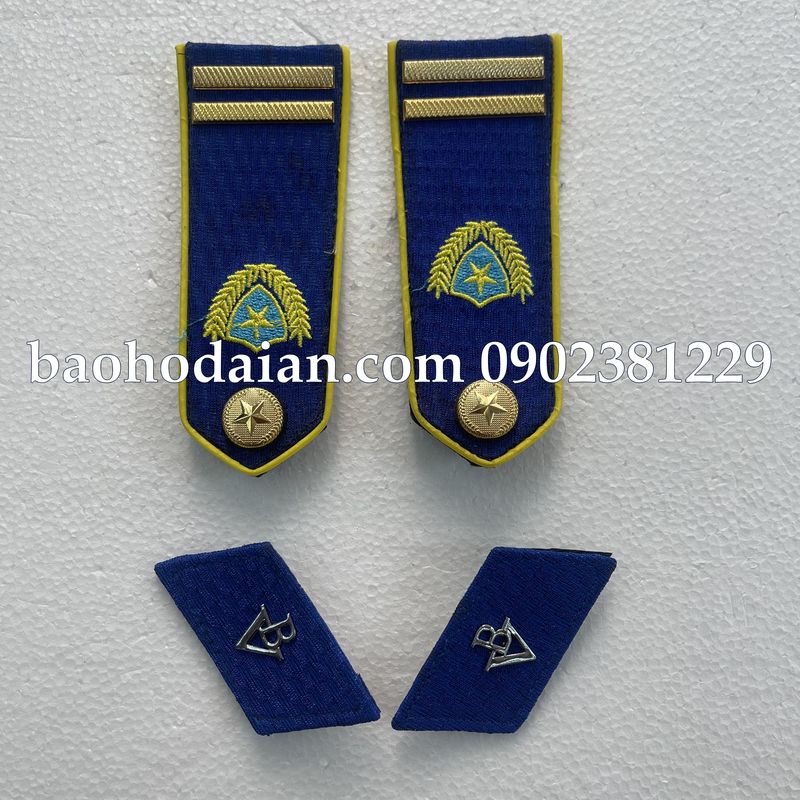 Cầu vai bảo vệ xanh dương viền vàng thêu, sao đồng, gạch đồng + ve áo xanh dương