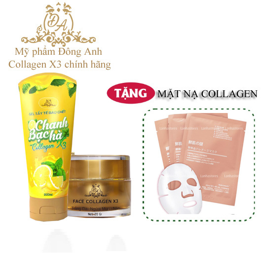 Combo mỹ phẩm Đông Anh kem face Collagen X3 + tẩy tế bào chết chanh bạc hà collagen X3 chính hãng tặng kèm mặt nạ dưỡng da