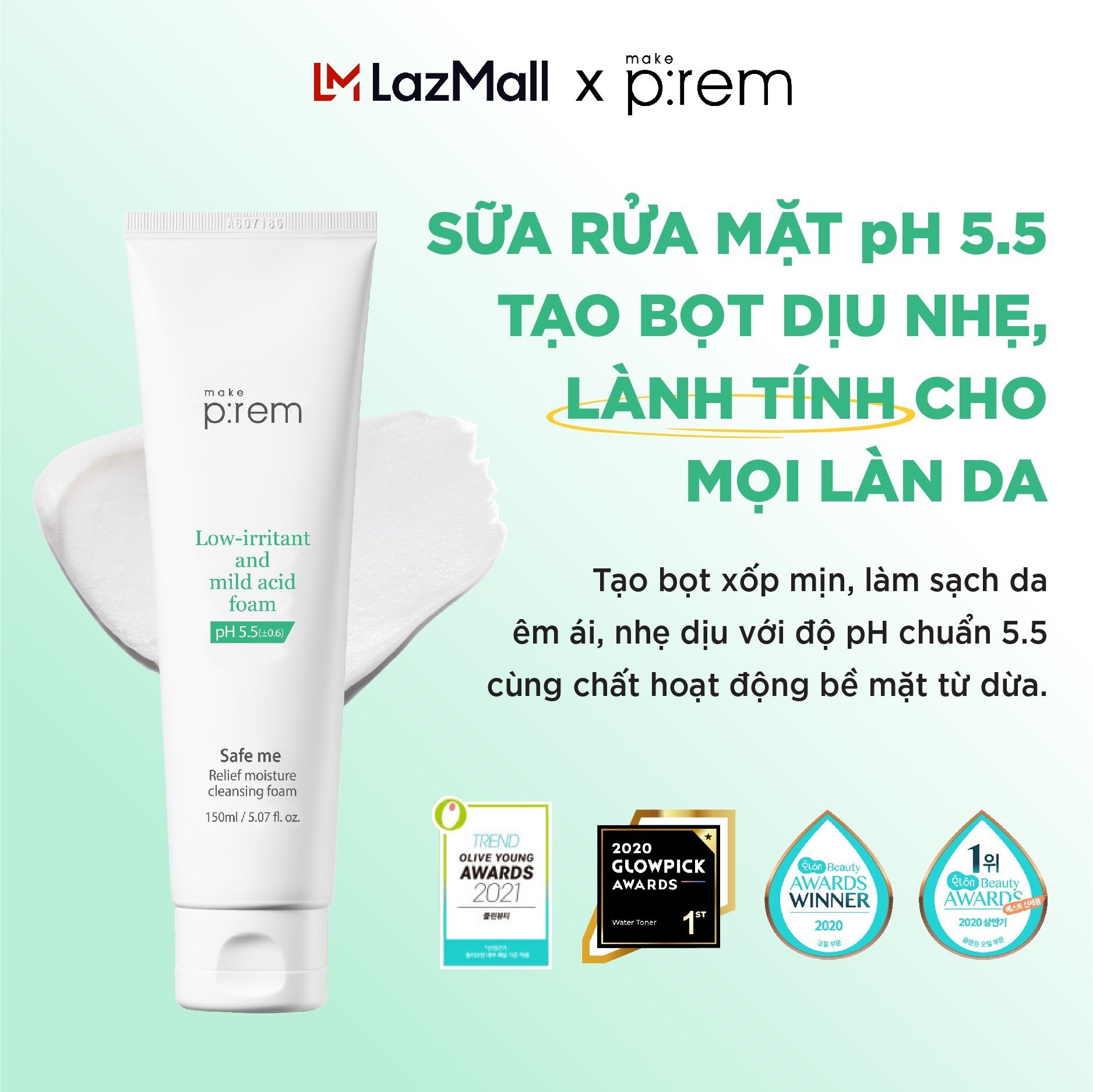 Sữa rửa mặt Make p:rem Safe me. Relief Moisture Cleansing Foam 150ml