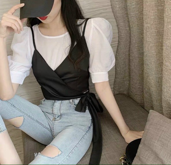 [HCM]Áo Tay phồng trắng phối 2 dây đen - UT33