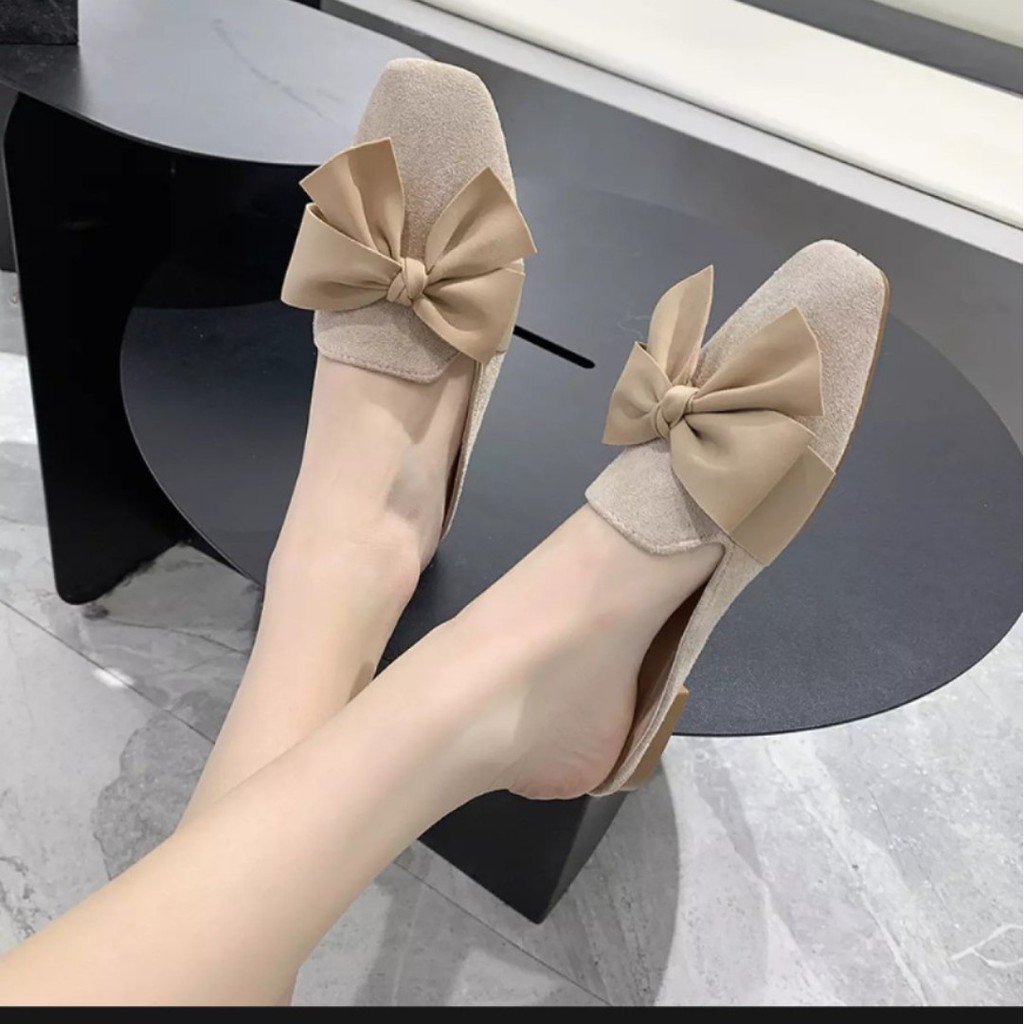 FREE SHIP Giày sục nữ da lộn 2 màu thắt nơ hàn quốc