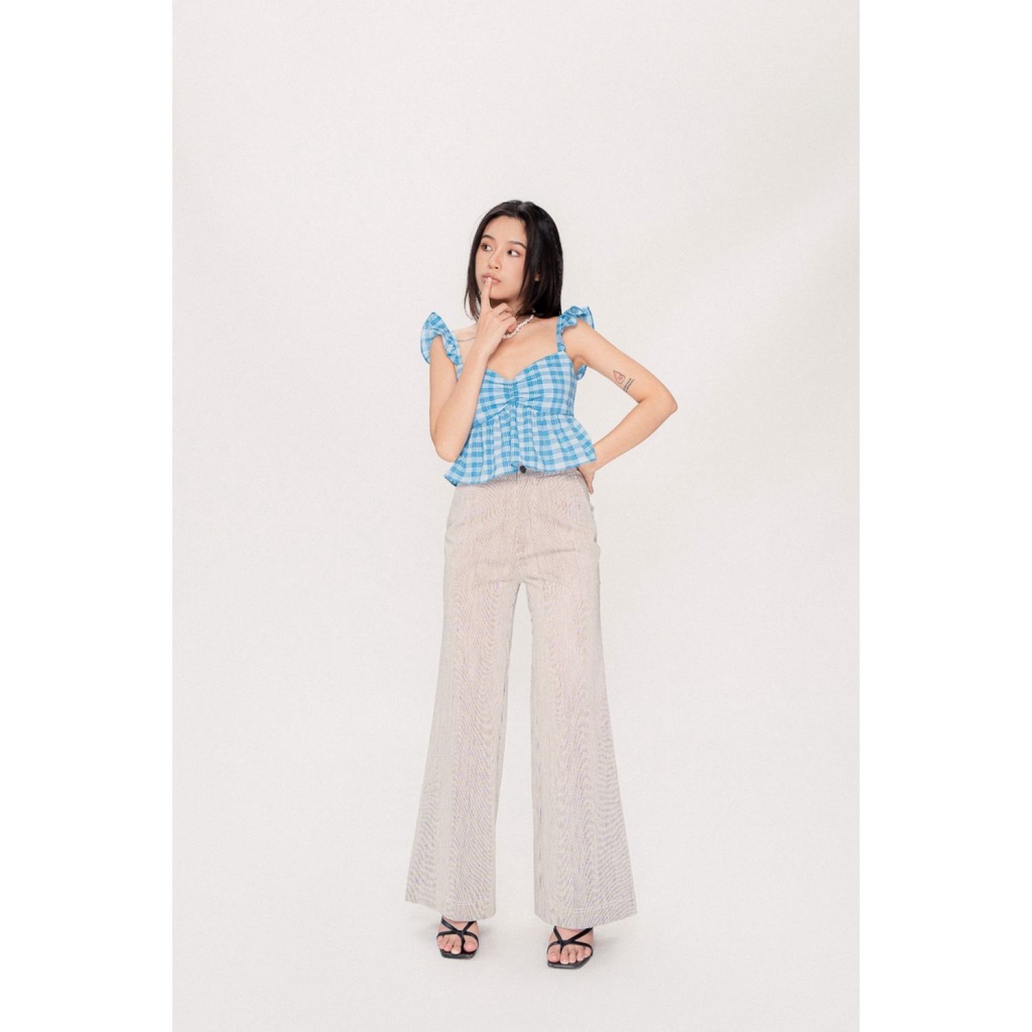 LIBÉ - Quần Ống loe Khaki kẻ sọc nhuyễn