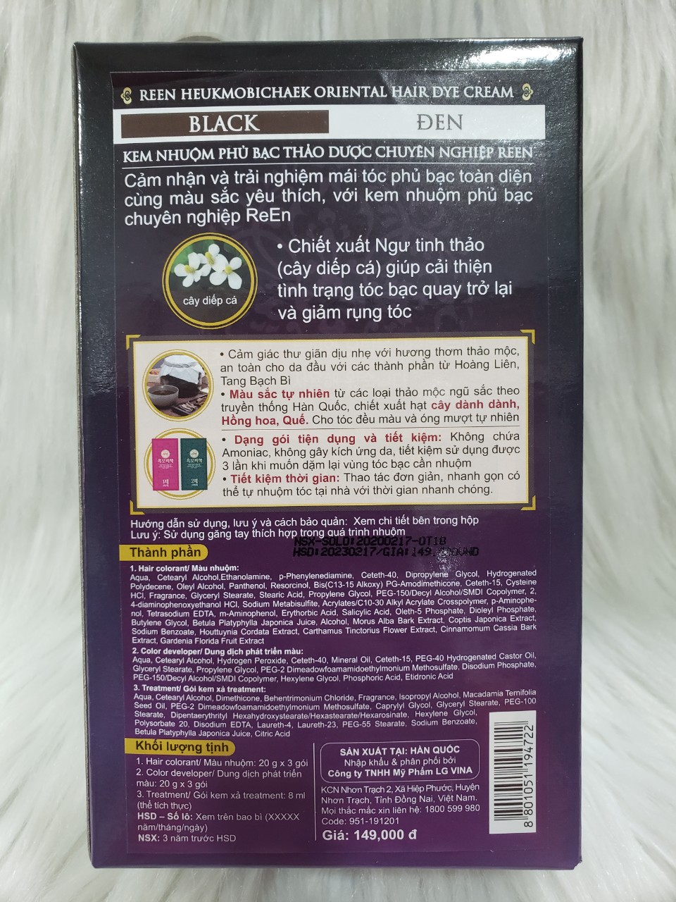 Thuốc nhuộm tóc phủ bạc thảo dược REEN màu đen Hàn Quốc