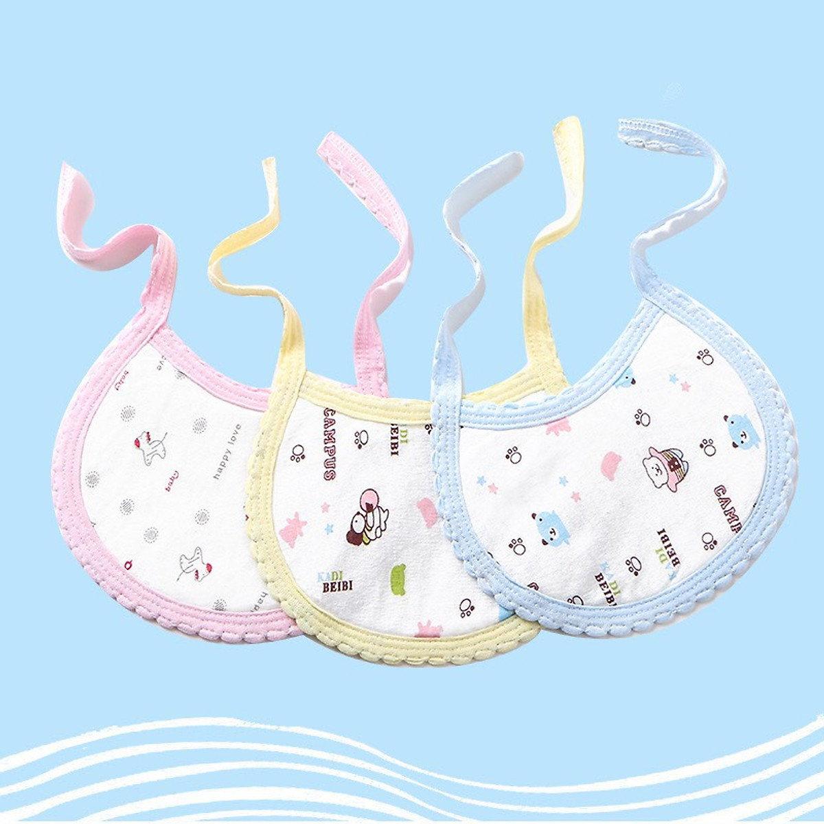 Yếm sơ sinh, yếm ăn dặm - yếm tròn coton 100% trần bông 3 lớp buộc dây cho bé
