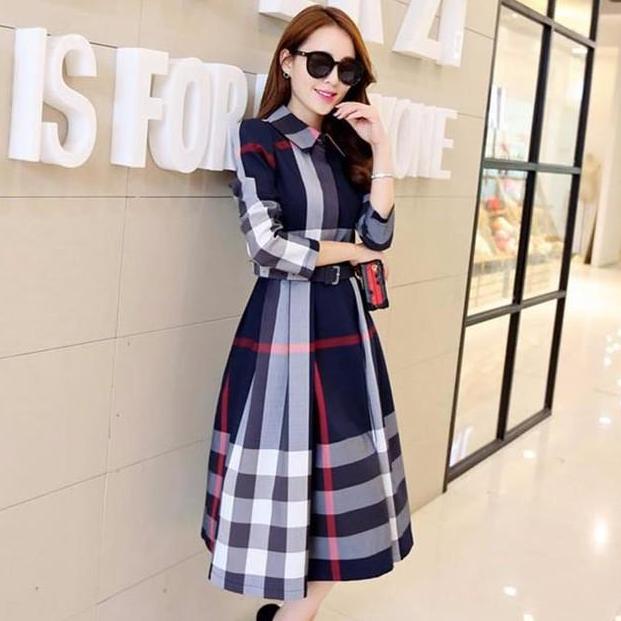 Đầm xòe kẻ caro dài tay - DX01 (Xanh đen)