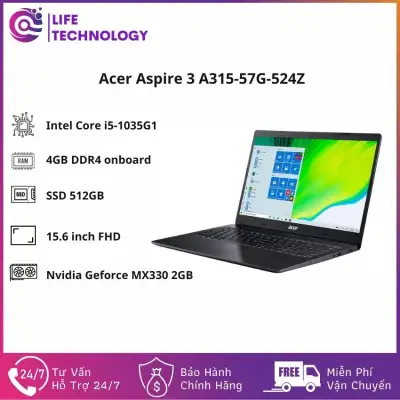 [Freeship] Laptop Acer Aspire 3 A315-57G-524Z/ 15.6inch FHD/ Black/Core i5-1035G1/ RAM 4OB+4SO DDR4/ 512GB SSD/ 3 Cell/ Win 10H/ 1 Yr -LIFE Technology- LF114 Hàng Chính Hãng, Mỏng Nhẹ, Cấu Hình Ổn Định Dùng Cho Văn Phòng, Thiết Kế