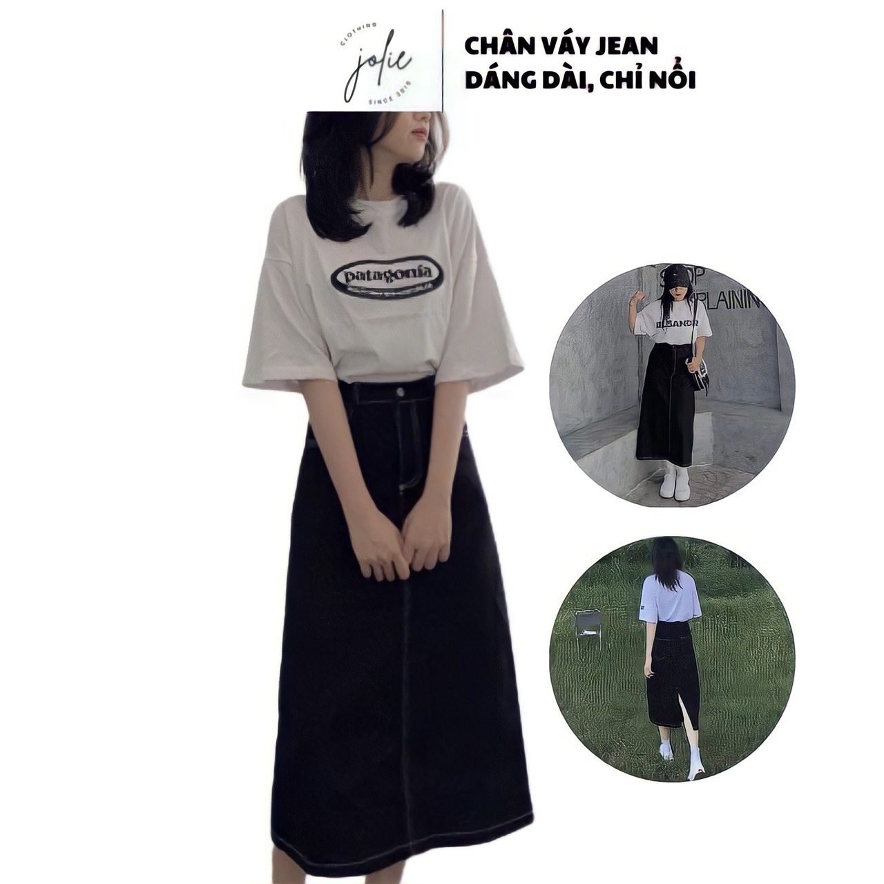 Chân váy jean dáng dài cạp cao, lưng chun, xẻ tà phối chỉ nổi