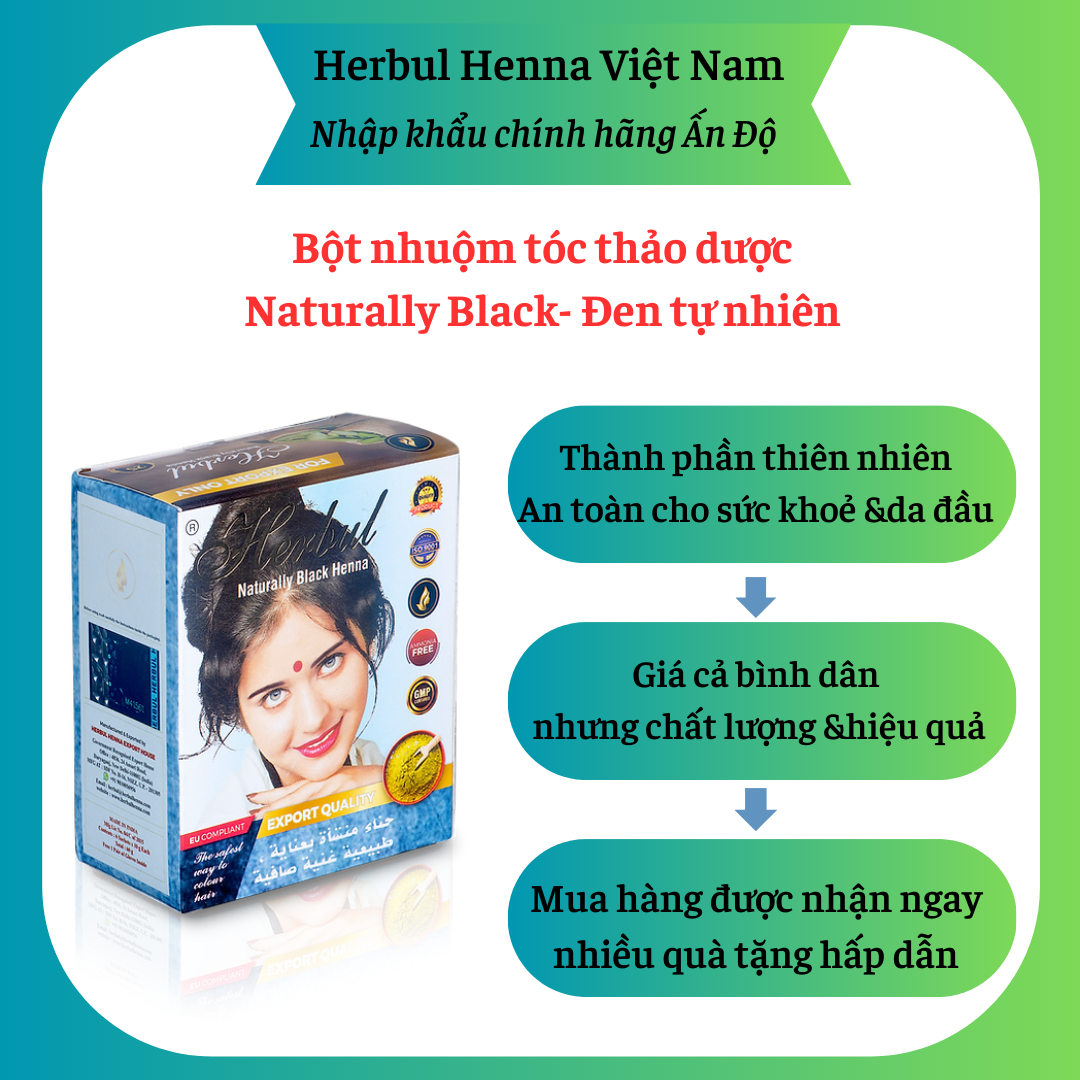 Bột nhuộm tóc thảo dược Herbul Henna đen tự nhiên - Naturally Black [ Tặng kèm lược+ găng tay+ mũ trùm đầu]