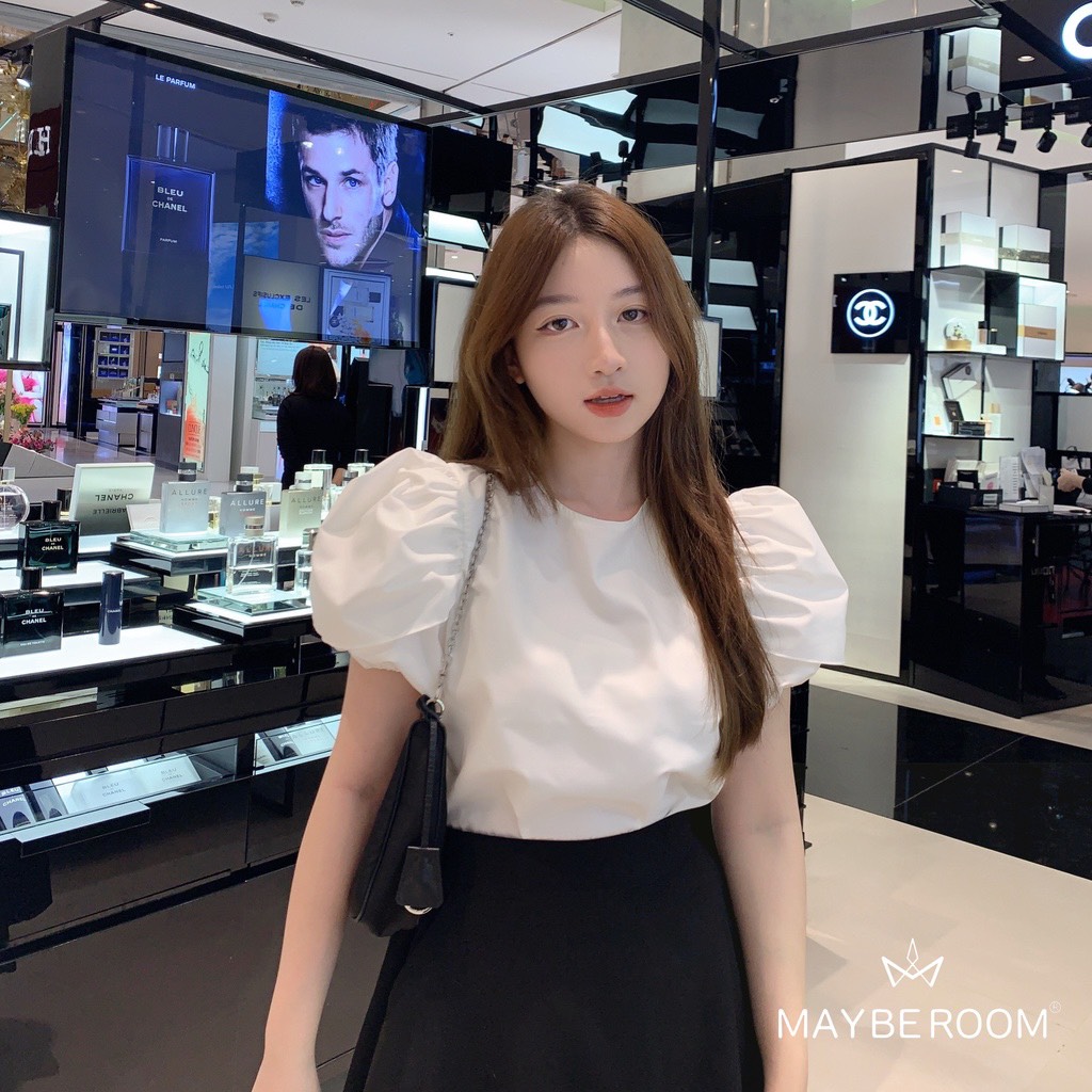 Áo sơ mi cổ tròn Tay bồng Macaron Mayberoom