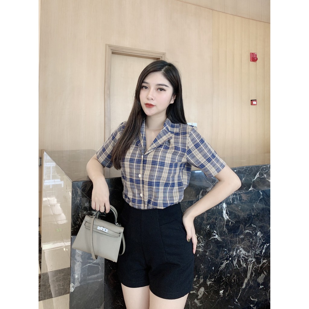 Áo Sơ Mi Caro Tím Tay ngắn thời trang