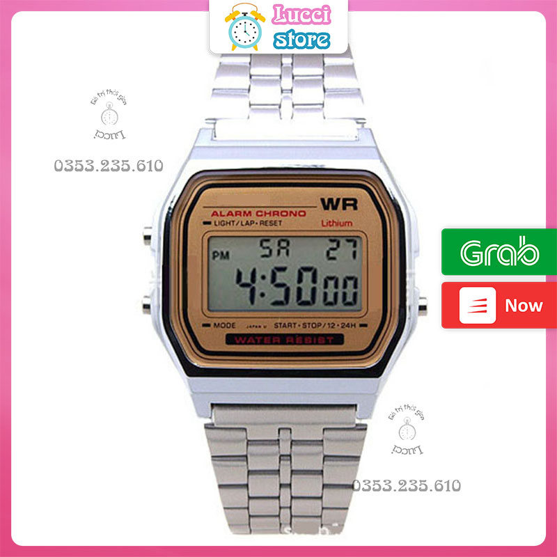 Đồng hồ casio điện tử A159, đồng hồ nam nữ dây thép không gỉ cao cấp full box thiếc