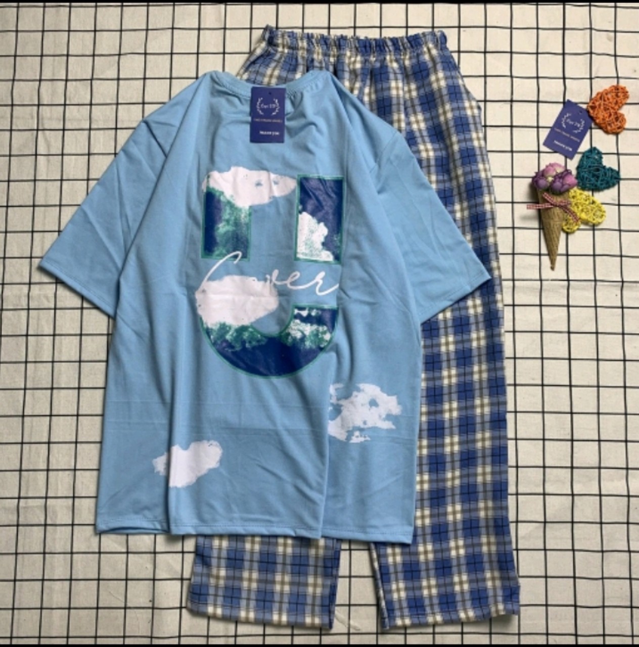 Set set home wear long pants checkerboard ống loose pullover Cotton