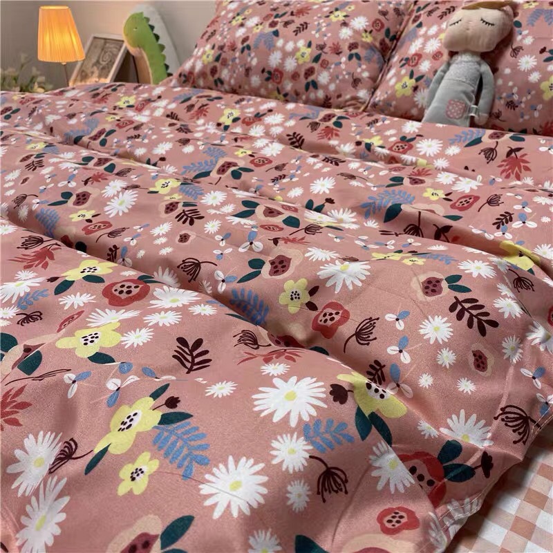 Trọn Bộ 4 Món Cotton Poly Nhập Mẫu HOA PHỐI MÀU HỒNG dễ thương dành cho các bé gái/bạn gái