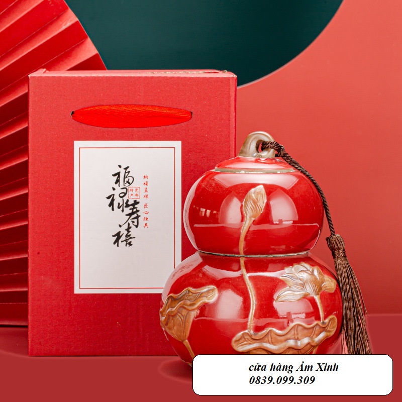 Hũ đựng trà hình hồ lô họa tiết hoa sen