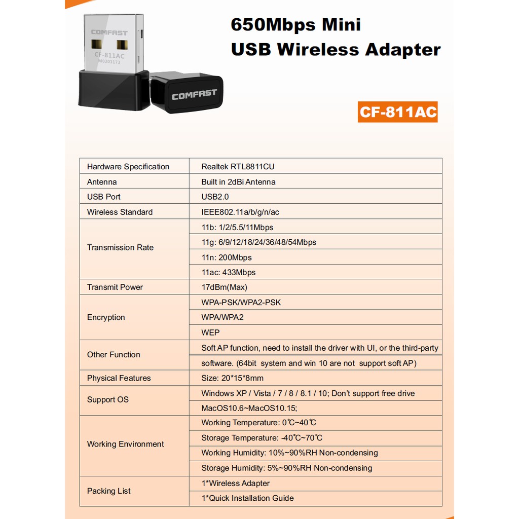 USB Thu WiFi Comfast CF-811AC có hỗ trợ 5Ghz