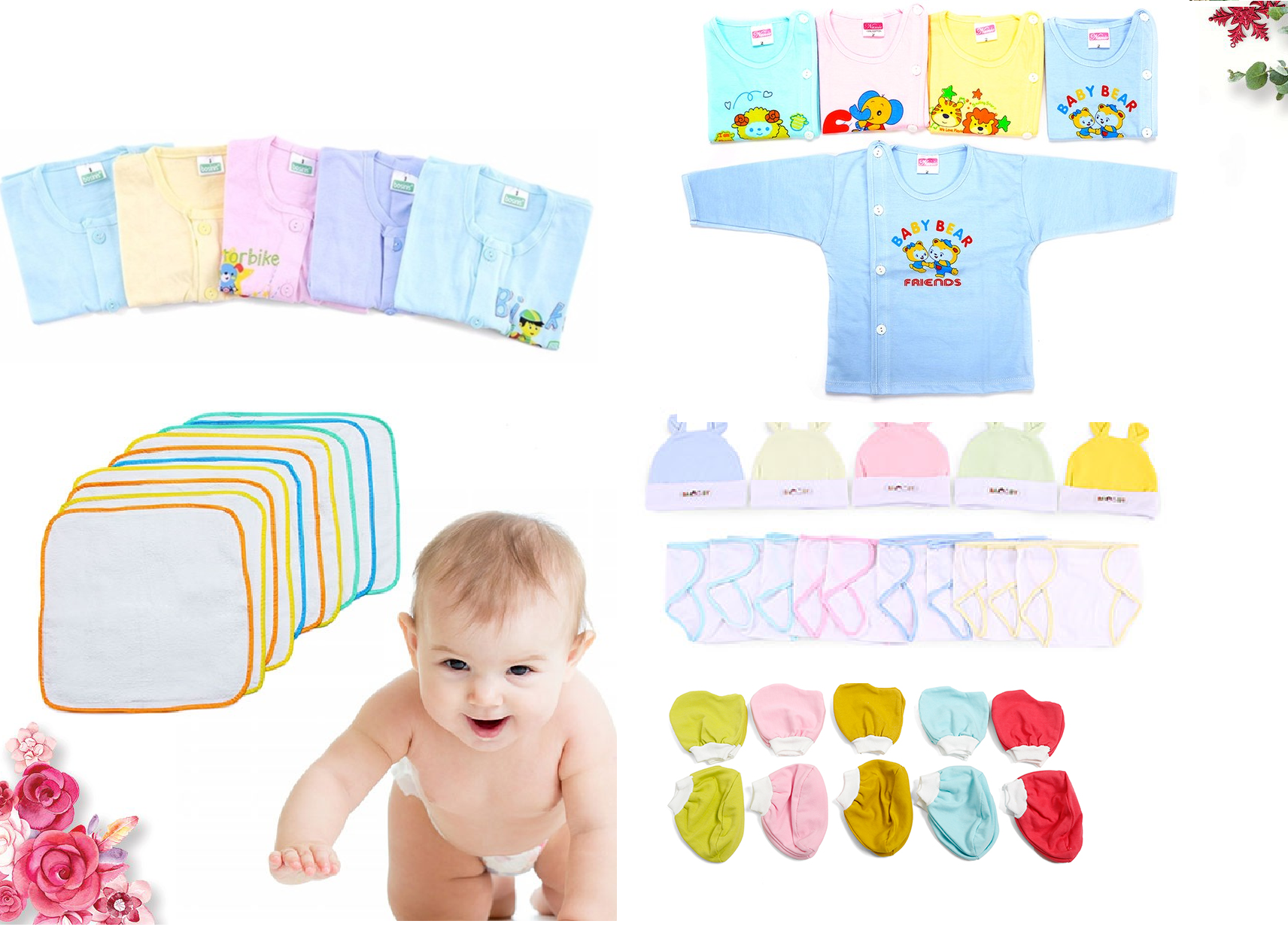 [tặng vòng dâu tằm ] combo 35 món đồ dùng cho bé sơ sinh( 5 áo dài tay + 5 áo ngắn tay + 10 tã lót + 5 nón + 5 cặp bao tay + 5 cặp bao chân)