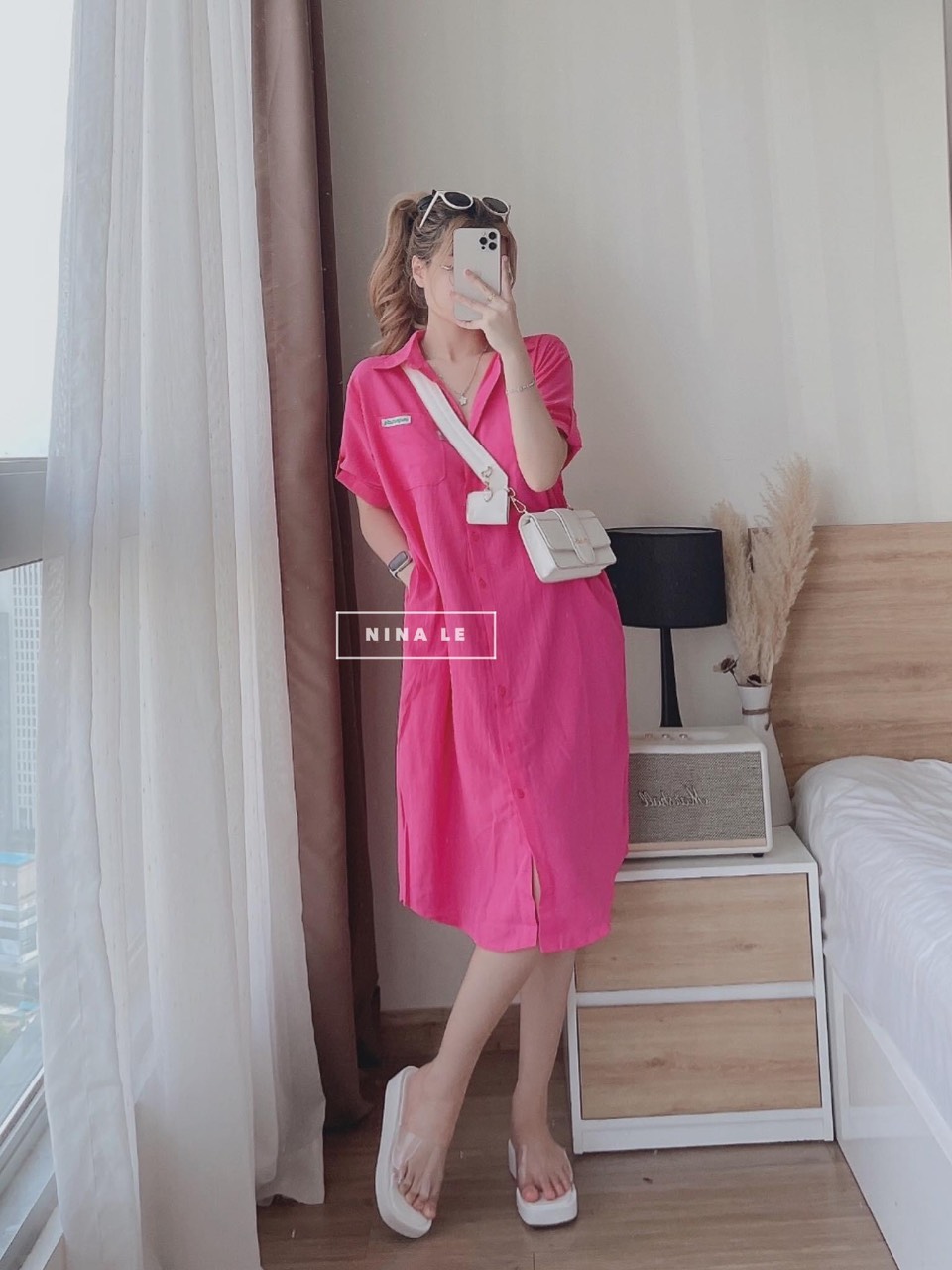 Đầm suông - váy sơ mi cúc dọc hoạ tiết mickey chất lụa xịn from rộng dáng dài, váy suông sơ mi mickey, váy suông from rộng
