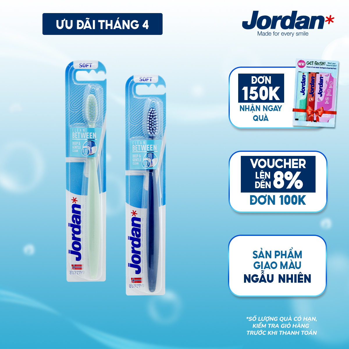 Bộ 2 Bàn chải đánh răng Jordan Clean Between lông siêu mềm 0.01mm bảo vệ nướu nhạy cảm, xuất xứ Na Uy