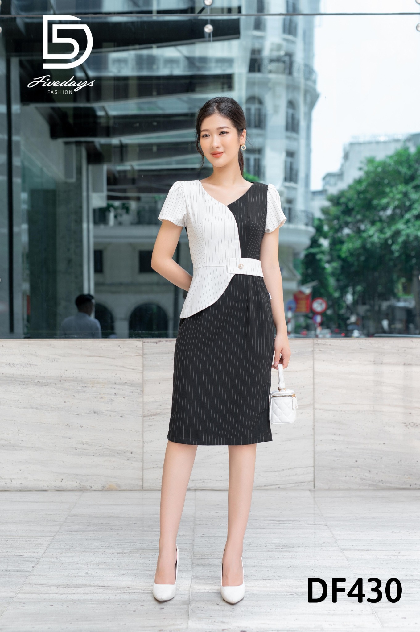 Fivedays - Đầm Peplum kẻ phối
