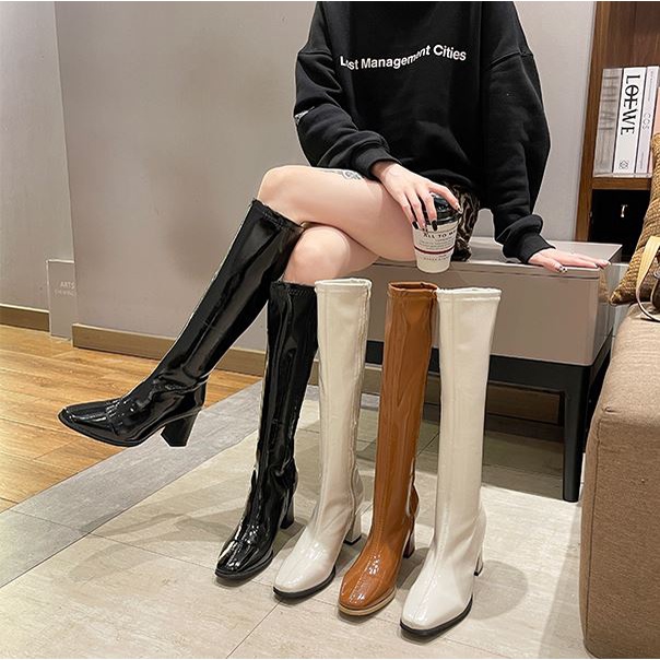 Bốt đùi nữ WOMEN STORY giày boots cao cổ da PU mềm bóng boot khóa sườn đế