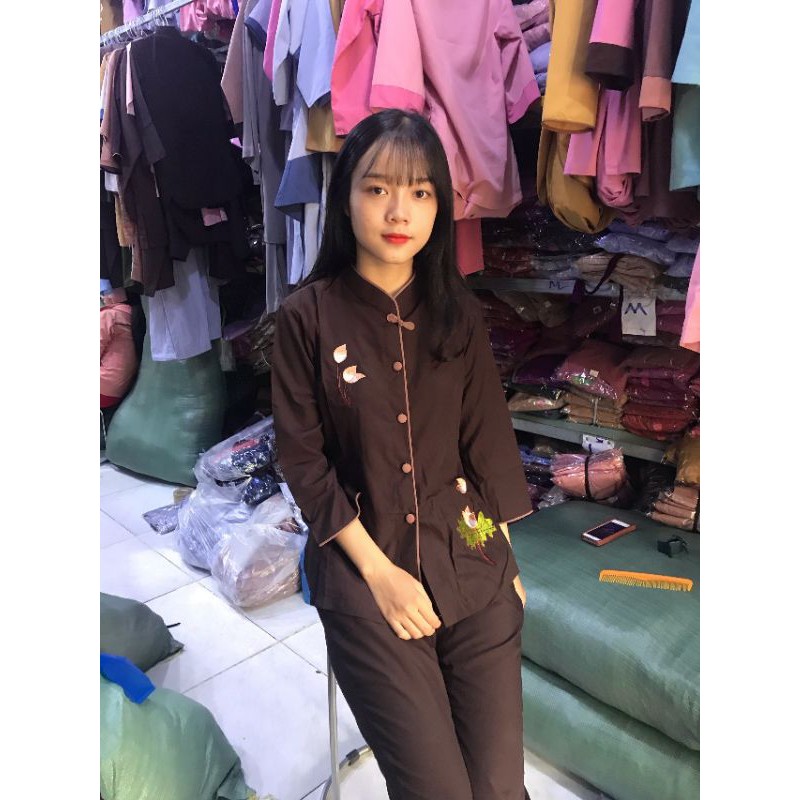 Đồ lam đi chùa nữ viền nơ