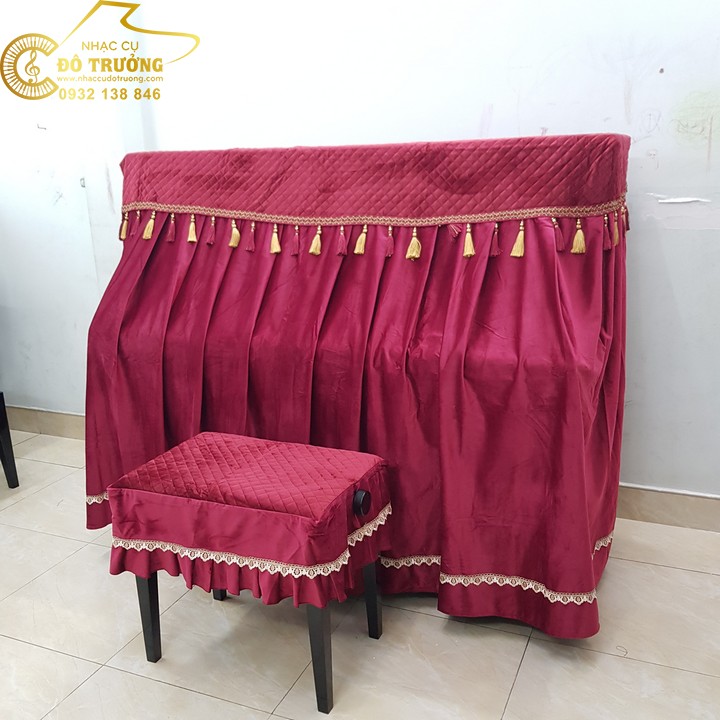 Bộ khăn phủ đàn Piano đỏ phối hạt châu vàng cao cấp