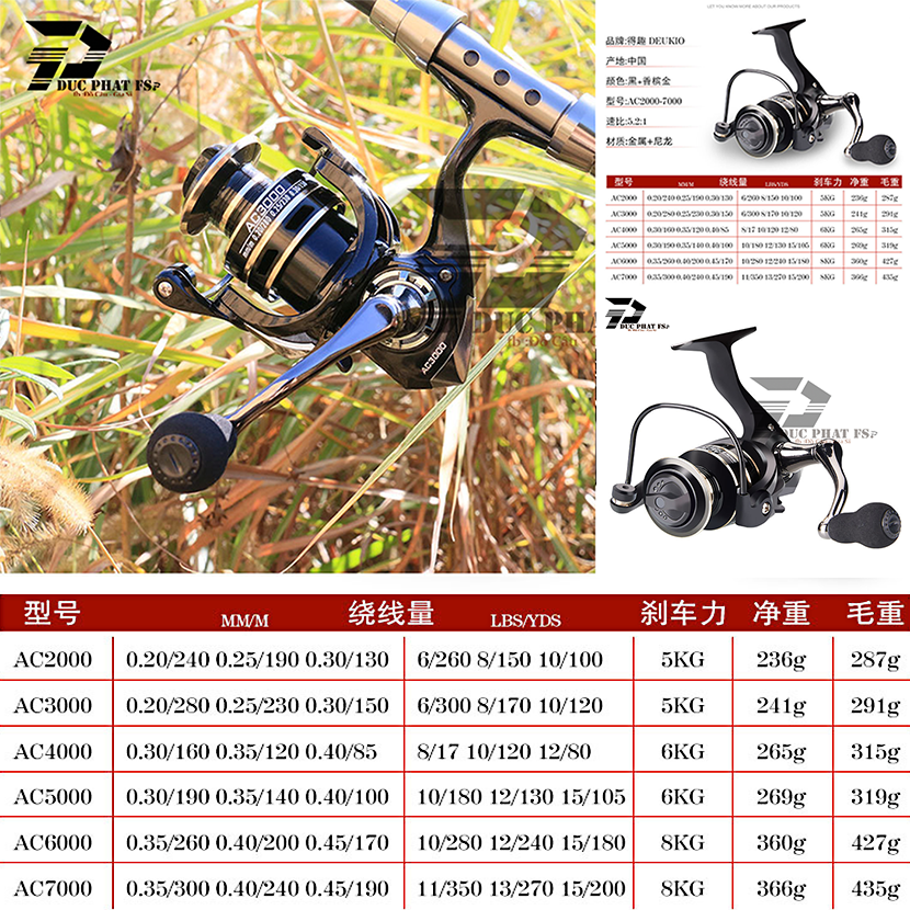 Máy câu cá kim loại deukio ac 2000 - 3000 - 4000 - 5000 - 6000 - 7000 - máy câu lure, máy câu đứng máy câu cá.