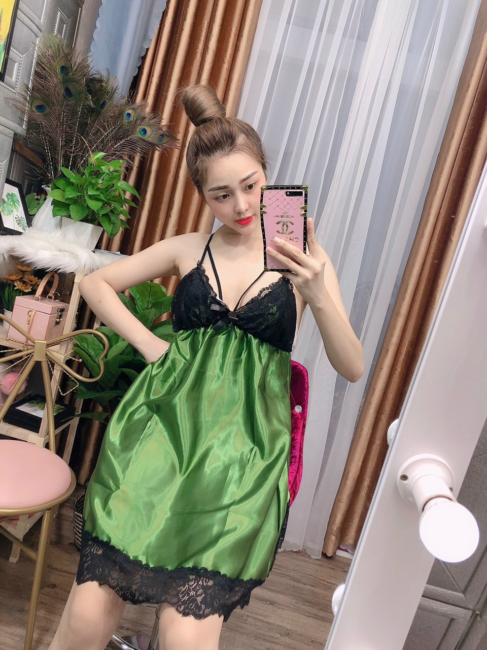 Đầm phi bóng chéo dây phối ren freesize dưới 55kg
