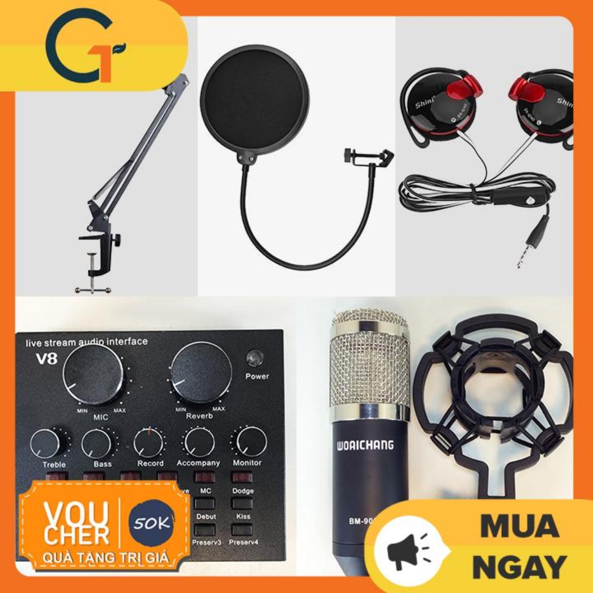 Trọn bộ Micro thu âm: Sound card V8 Mic thu âm BM900 tai nghe Shini màng lọc âm và kẹp đỡ