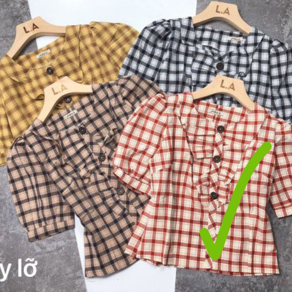 Áo sơ mi caro, ngắn tay, cổ bèo đính cúc siêu xinh