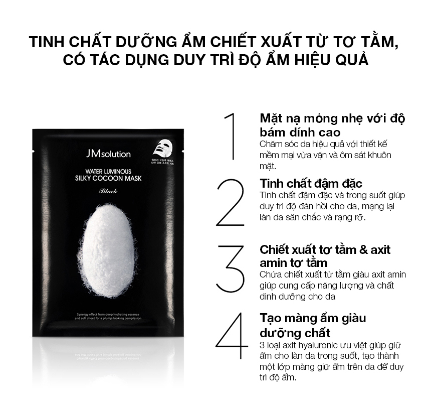 Mặt Nạ Cấp Ẩm Và Đàn Hồi Da JMsolution Water Luminous Silky Cocoon Mask Black 10 Miếng