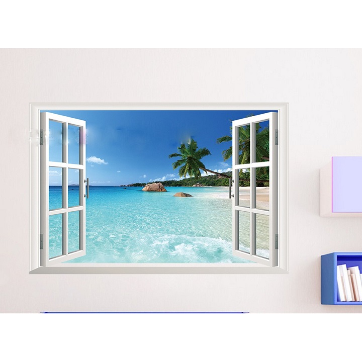 [HCM]Decal dán tường hình cửa sổ bãi biển