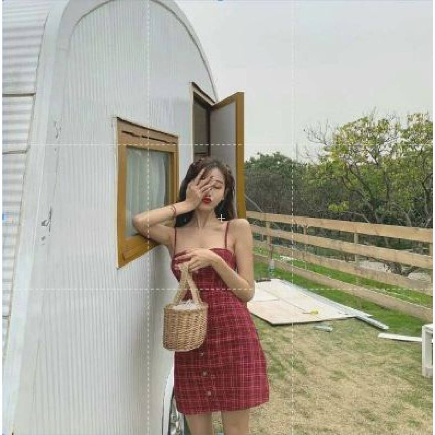 Đầm xòe 2 dây kẻ caro đỏ dáng chữ a hở lưng buộc nơ, váy 2 dây kẻ đỏ nơ lưng ulzzang dáng ngắn body chữ a