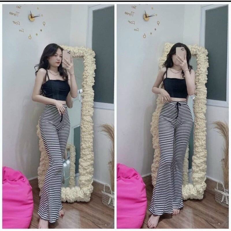 Quần Ôm Ống Loe + Áo 2 Dây Đen