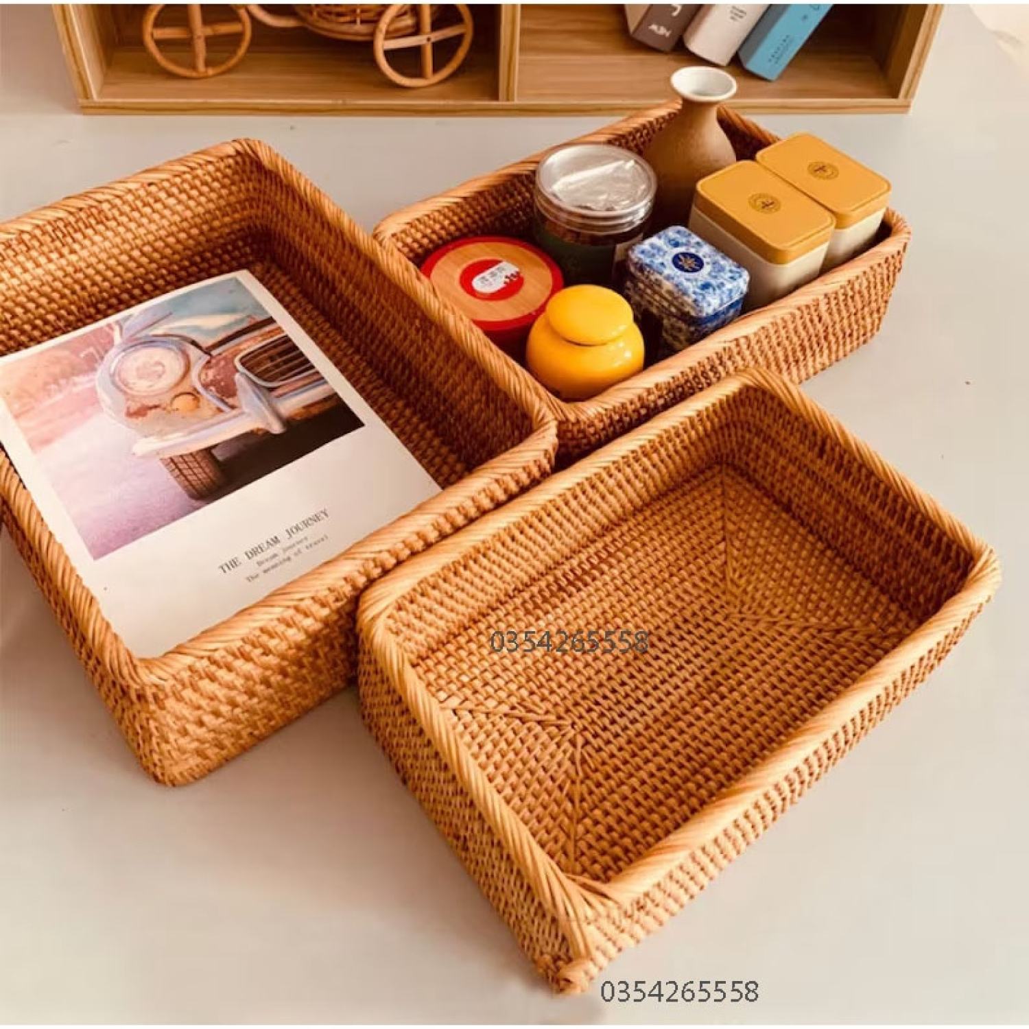 khay mây chữ nhật đựng vật dụng, trái cây