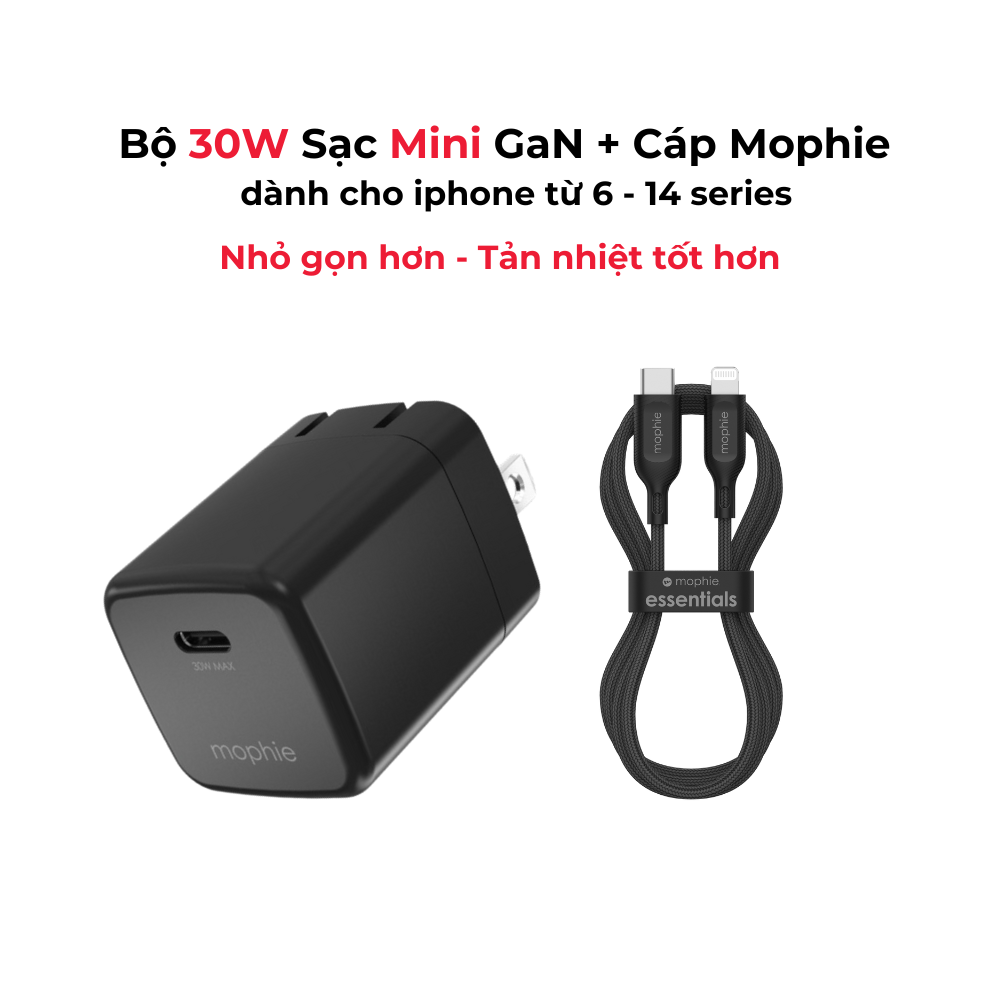 Combo sạc nhanh Mophie PD 30W cho iPhone/iPad (Sạc Mophie Essentials PD 30W USB-C và Cáp Mophie Essentials USB-C to USB-C 1m)