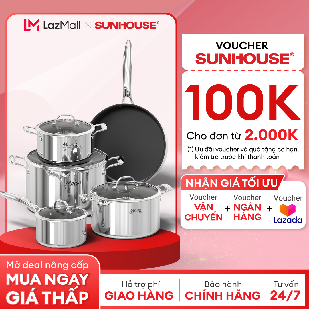 Bộ nồi chảo chống dính inox 304 sunhouse mama shg700 - cấu tạo đa lớp - 3 lớp nguyên khối với lòng inox 304 - siêu bền, an toàn tuyệt đối - dùng được với mọi loại bếp - vung kính cường lực - an toàn sức khỏe - hàng chính hãng