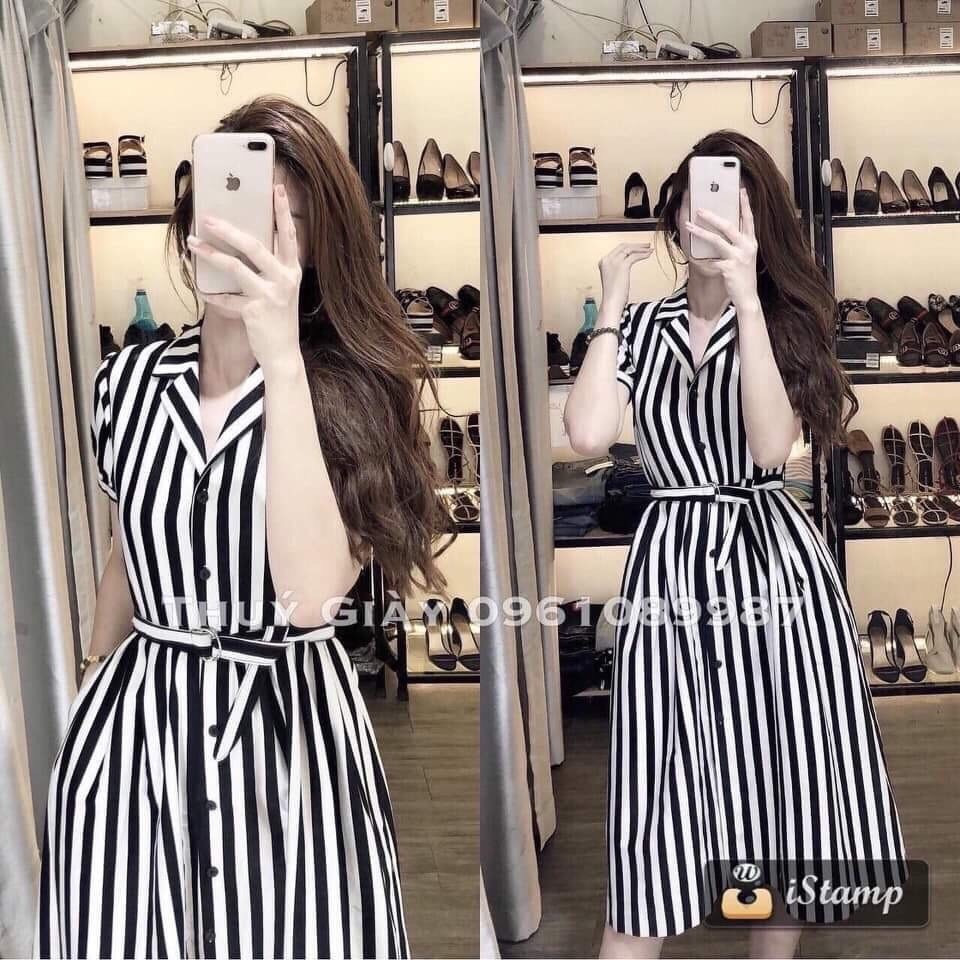 Đầm sọc cổ sơ mi cài nút cột nơ eo siêu xinh