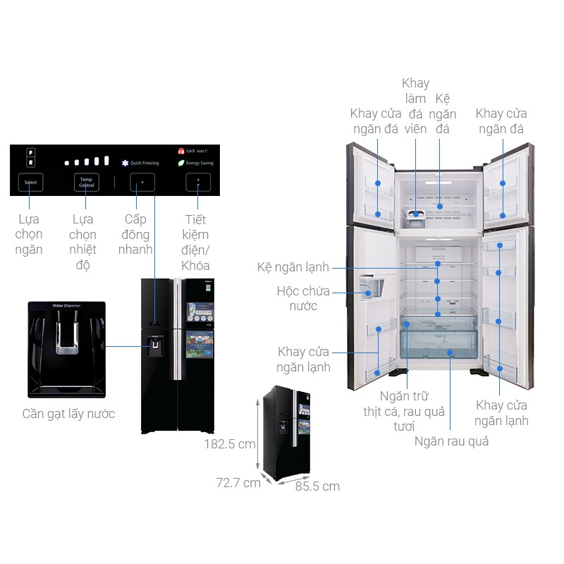 [TRẢ GÓP 0%] Tủ lạnh Hitachi 4 cánh màu đen R-FW690PGV7(GBK) (Giá áp dụng giao tại HN, HCM& các tỉnh liên hệ shop)