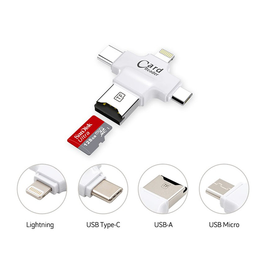 Đầu Đọc Thẻ Đa Năng 4 Trong 1 Dành Cho iPhone/Android Micro SD USB (OTG) TF/Lightning/Type-C