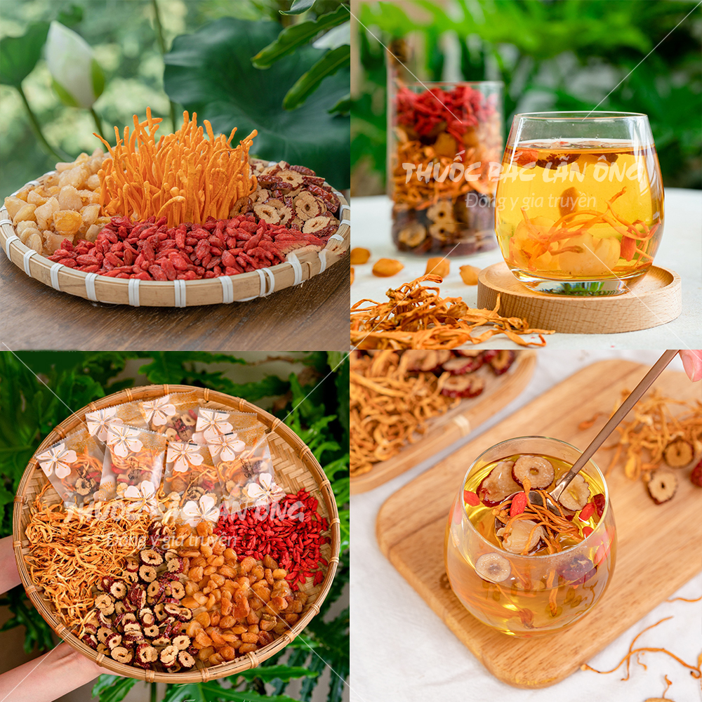 Trà đông trùng hạ thảo set mix sẵn, trà thảo mộc gồm: Táo đỏ, long nhãn, đông trùng hạ thảo, kỳ tử