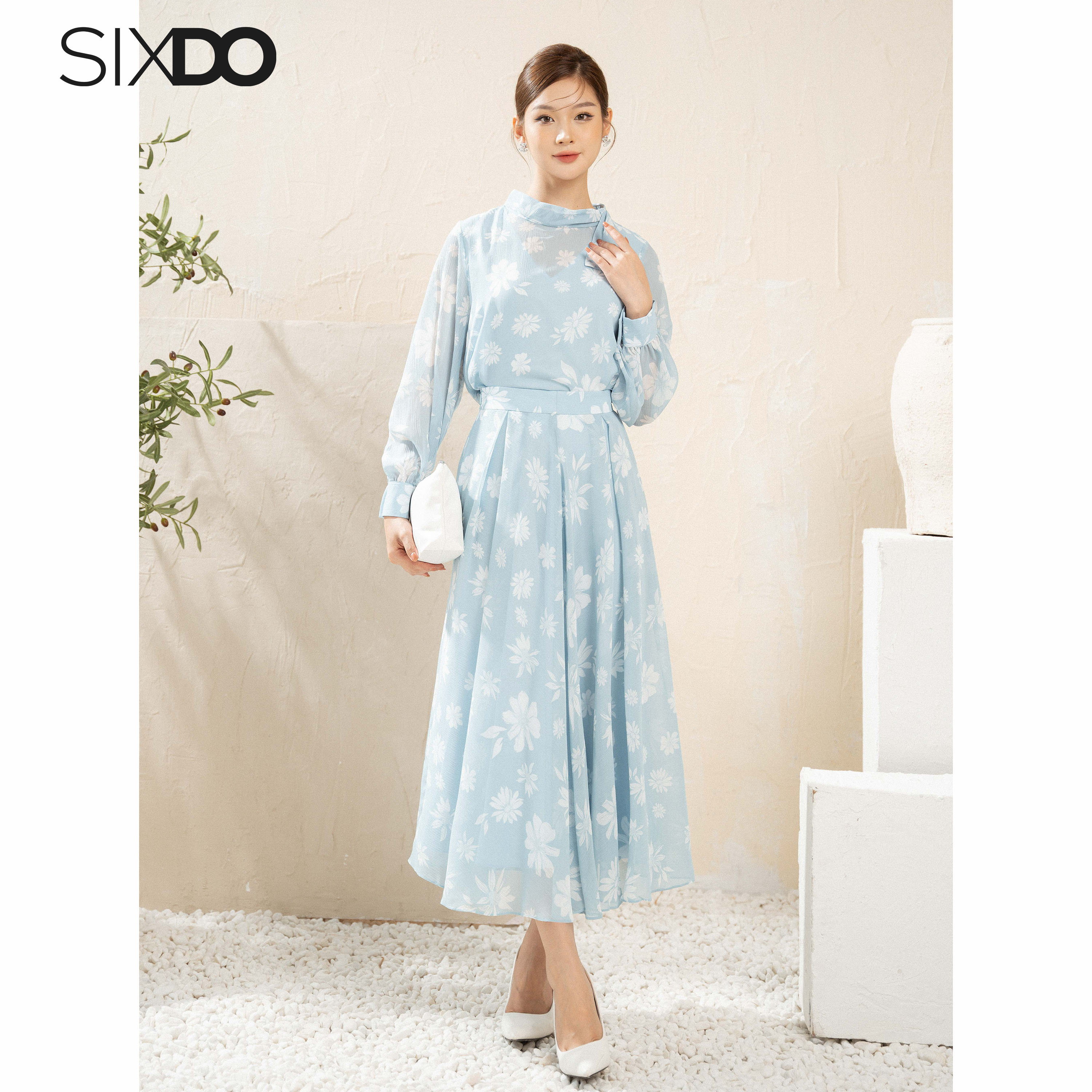 Chân váy voan hoa xếp ly SIXDO (Pleated Floral Midi Voile Skirt)