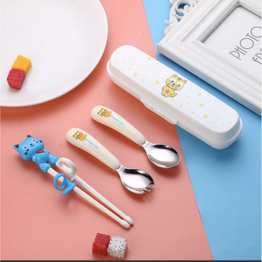 Bộ đũa thìa dĩa ăn dặm inox happy cat cho bé