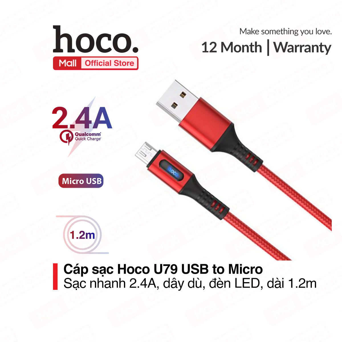 Cáp sạc nhanh và truyền dữ liệu Micro USB Hoco U79 hỗ trợ sạc nhanh 2.4Atự ngắt sạc khi đầy pin tích hợp đèn báo ngay chuôi sạc chống gãy gập chiều dài 1.2m